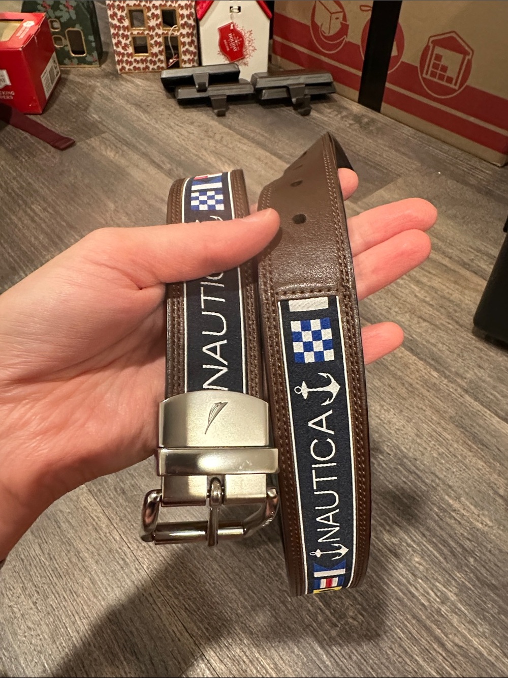 Nautica Navy Logo Web Belt with Brown Leather Trim and Silver Buckle